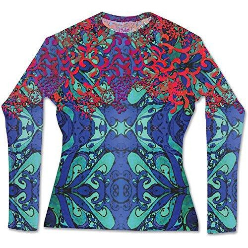 Women’s long-sleeve rashguard shirt with colorful coral reef abstract pattern