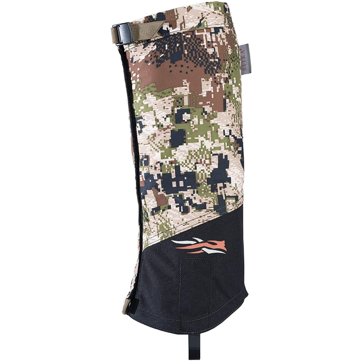 SITKA camo boot gaiter with black lower panel and adjustable strap, Subalpine pattern
