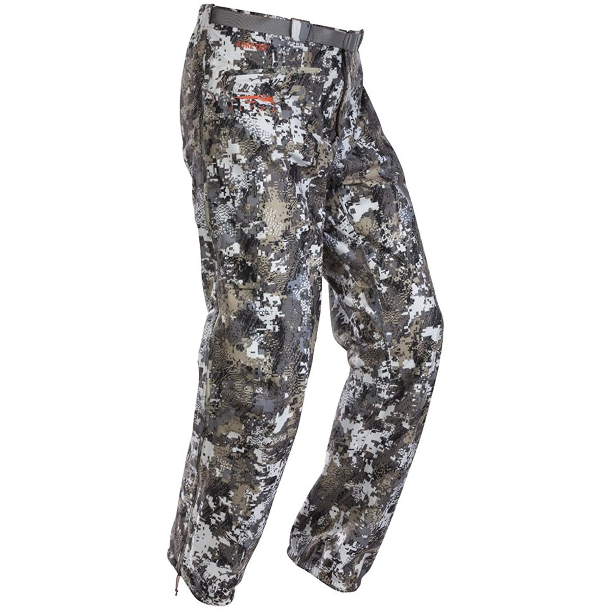 Men's waterproof camo hunting pants with belt loops and articulated knees