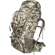 Camouflage hiking backpack with padded shoulder straps and multiple side pockets